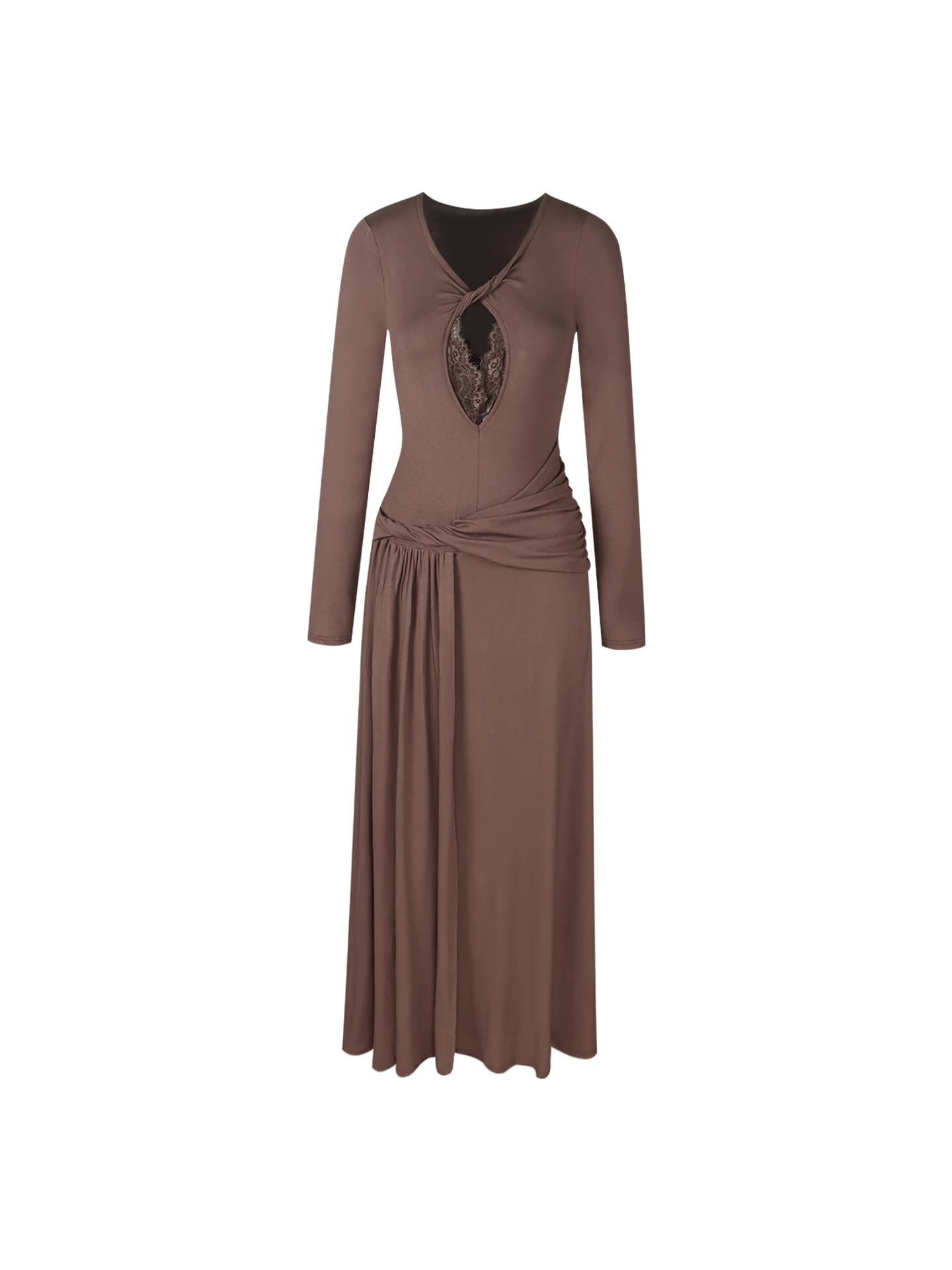 Retro Coffee Lace Splicing Long Sleeve Knitted Dress Women's Slim Fit A-Line Midi Dress Autumn Season Soft Medium Fabric