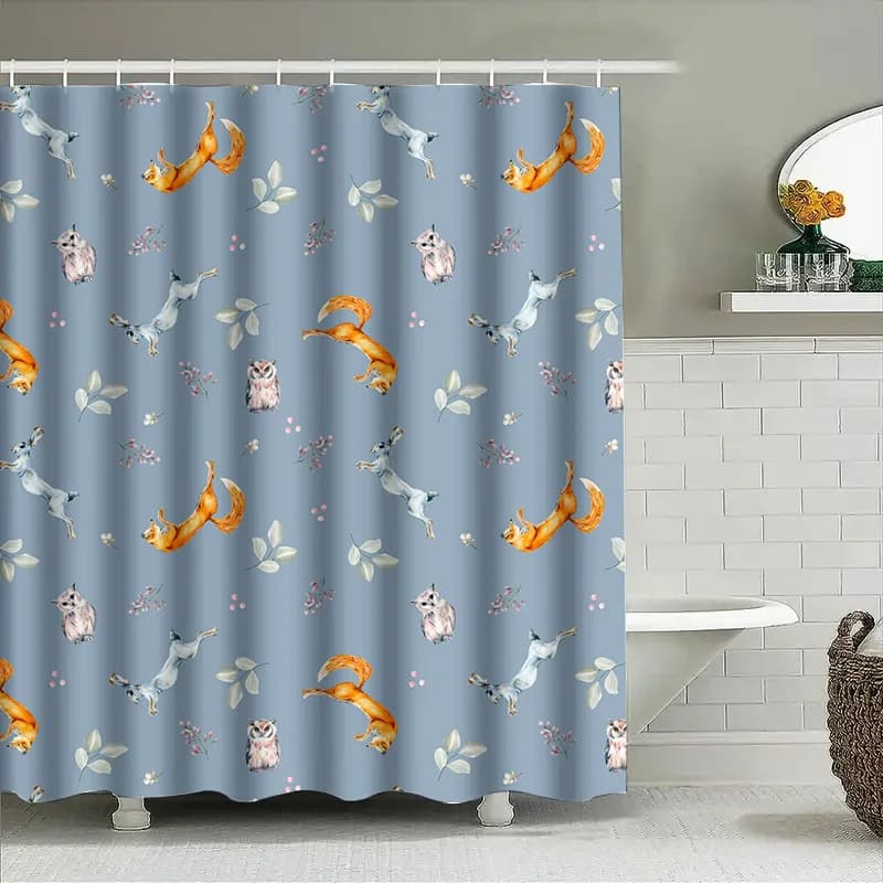 Tenda da doccia decorativa in tessuto impermeabile con simpatica stampa di animali per l'arredamento del bagno Blu, design scoiattolo di TaurusDuan