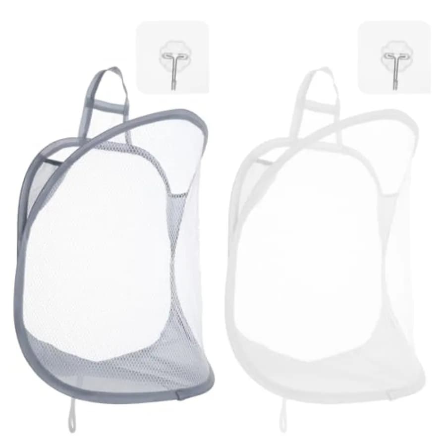 2Pcs Hanging Laundry Hamper Bag, Mesh Hanging Laundry Basket, Foldable Space-Saving Laundry Organizer, Grey and White, Polyeste