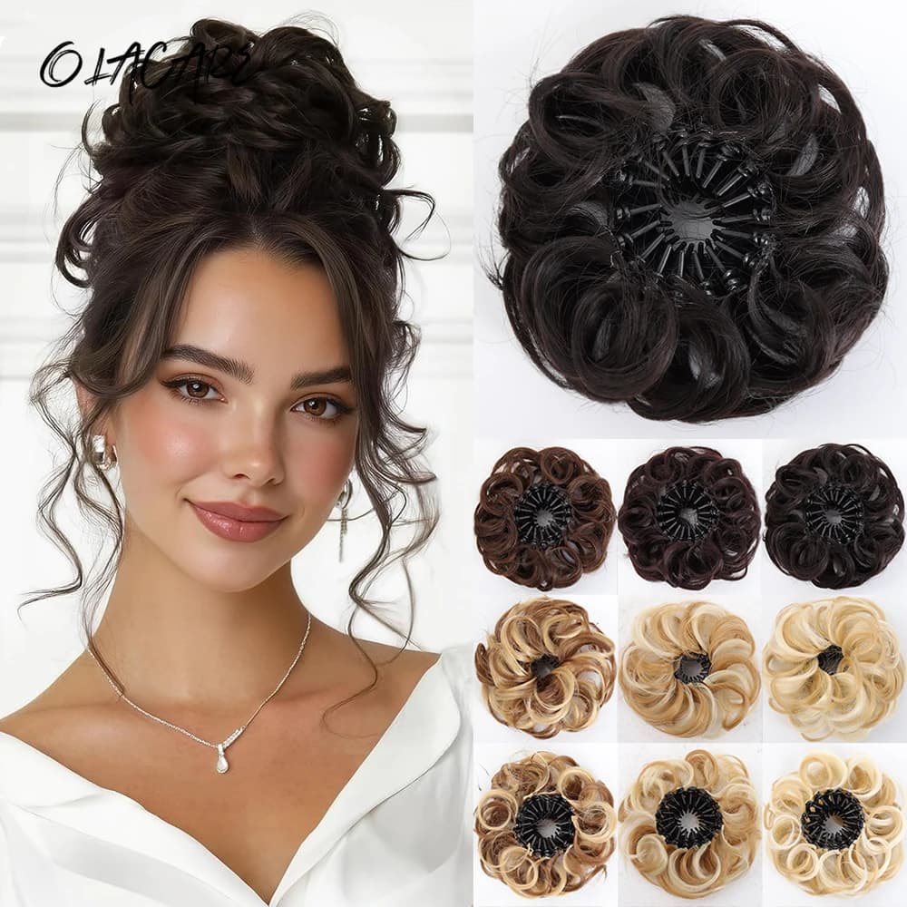 OLACARE Synthetic Hair Bun With Circle Elastic Clips Curly Wavy Donut Updo Hair Wig Bird's Nest Shaped Retractable Hairpieces