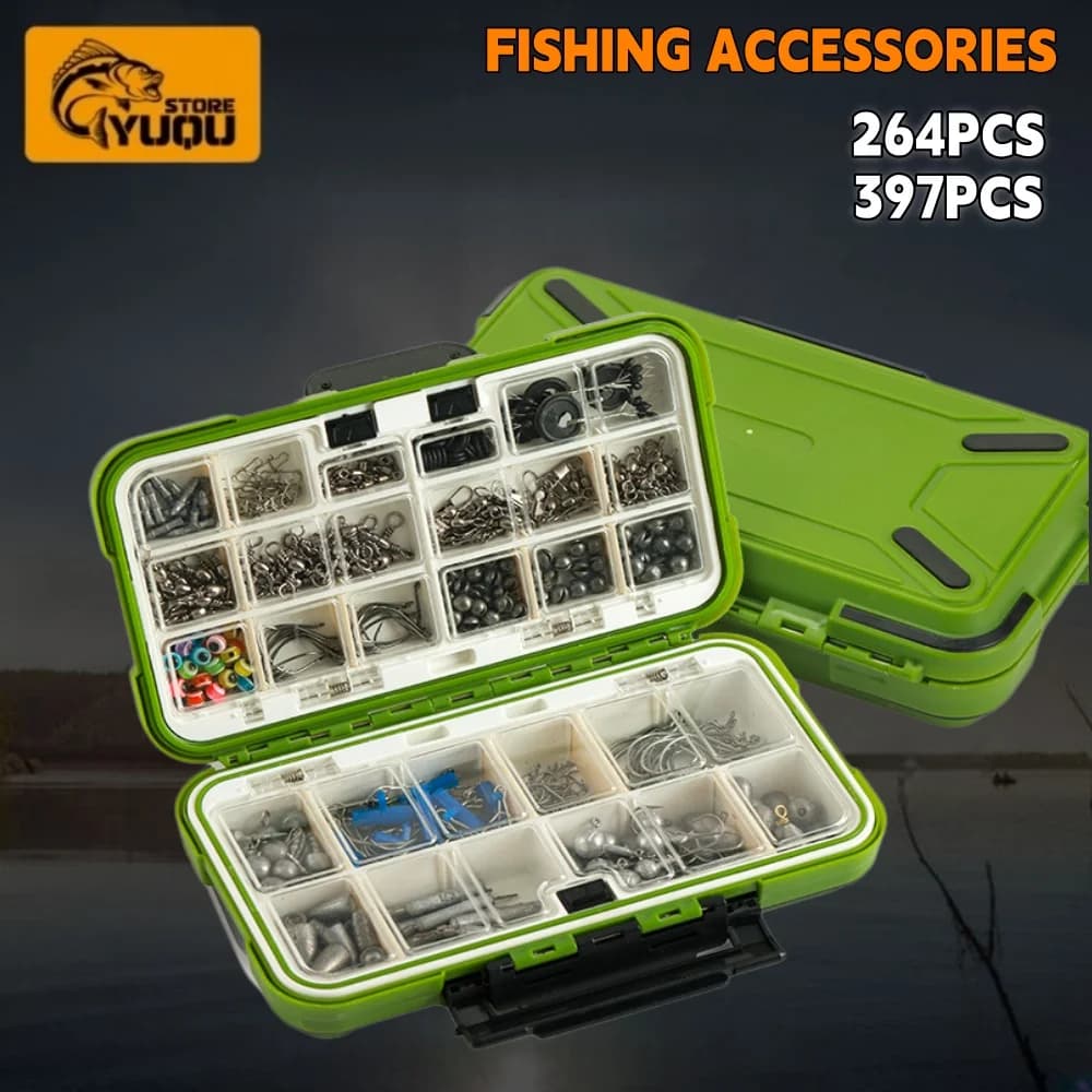 264PCS 397PCS Fishing Kit with Tackle Box Hooks Sinkers Swivels for Bass Trout Saltwater Fishing Complete Lure Set