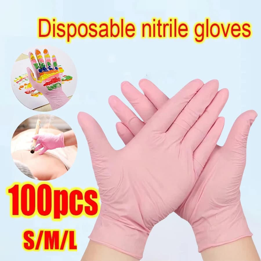 Guanti monouso in nitrile rosa da 100 pezzi, impermeabili, senza lattice, per riparazioni auto, tintura per capelli, lavoro, pulizia, guanti protettivi