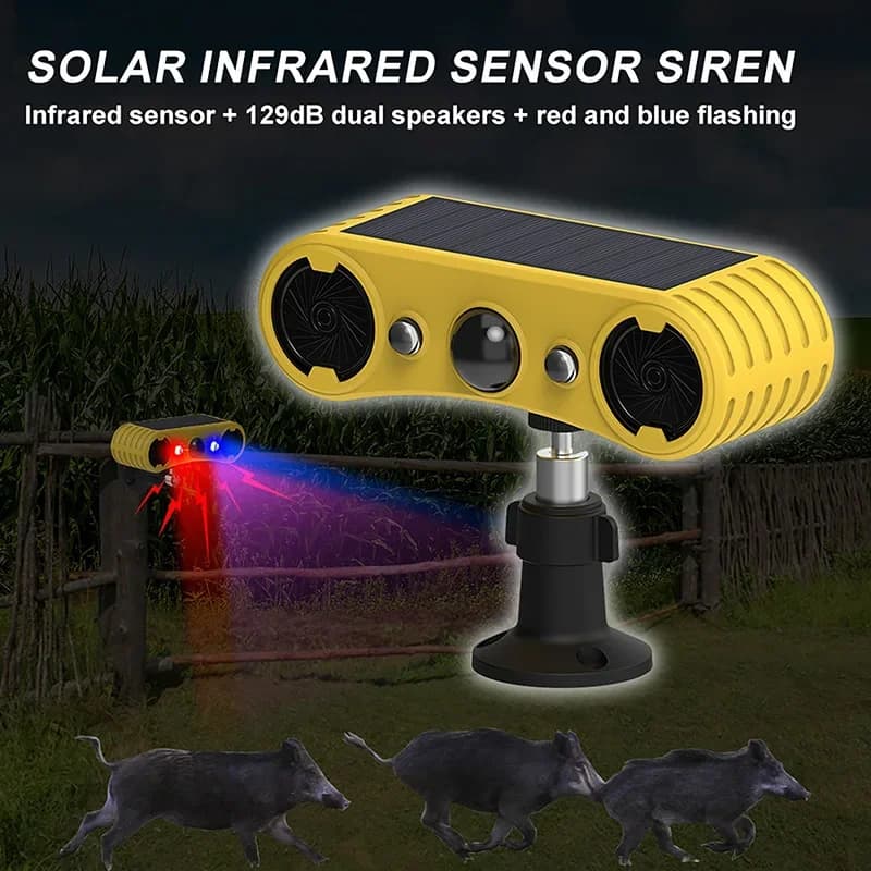 Allarme Solare con Sensore di Movimento, Luce Stroboscopica LED Rossa e Blu, Batteria 18650, Dispositivo Repellente per Animali da Esterno, Sistema di Allarme di Sicurezza per la Protezione delle Vie Stradali