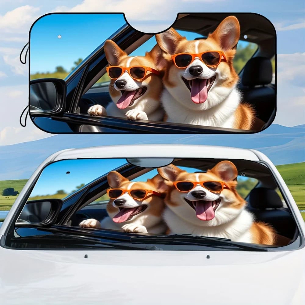 1pc Trendy Corgi Dogs In Glasses Musica Parabrezza per auto Parasole - Protezione UV, Mantiene il veicolo fresco ed elegante, perfetto per i commu