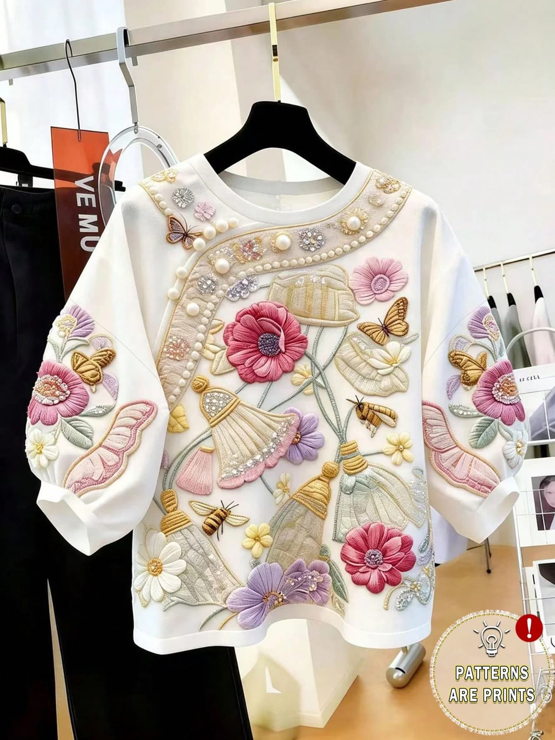 2D Digital Print Ethnic Style Women's Retro Floral Print Round Neck Top with Puff Sleeves, Summer Style, Decorative Pattern Print, Long Sleeves, Loose Fit, Drop Shoulder Design, Age-Reducing Women's Top