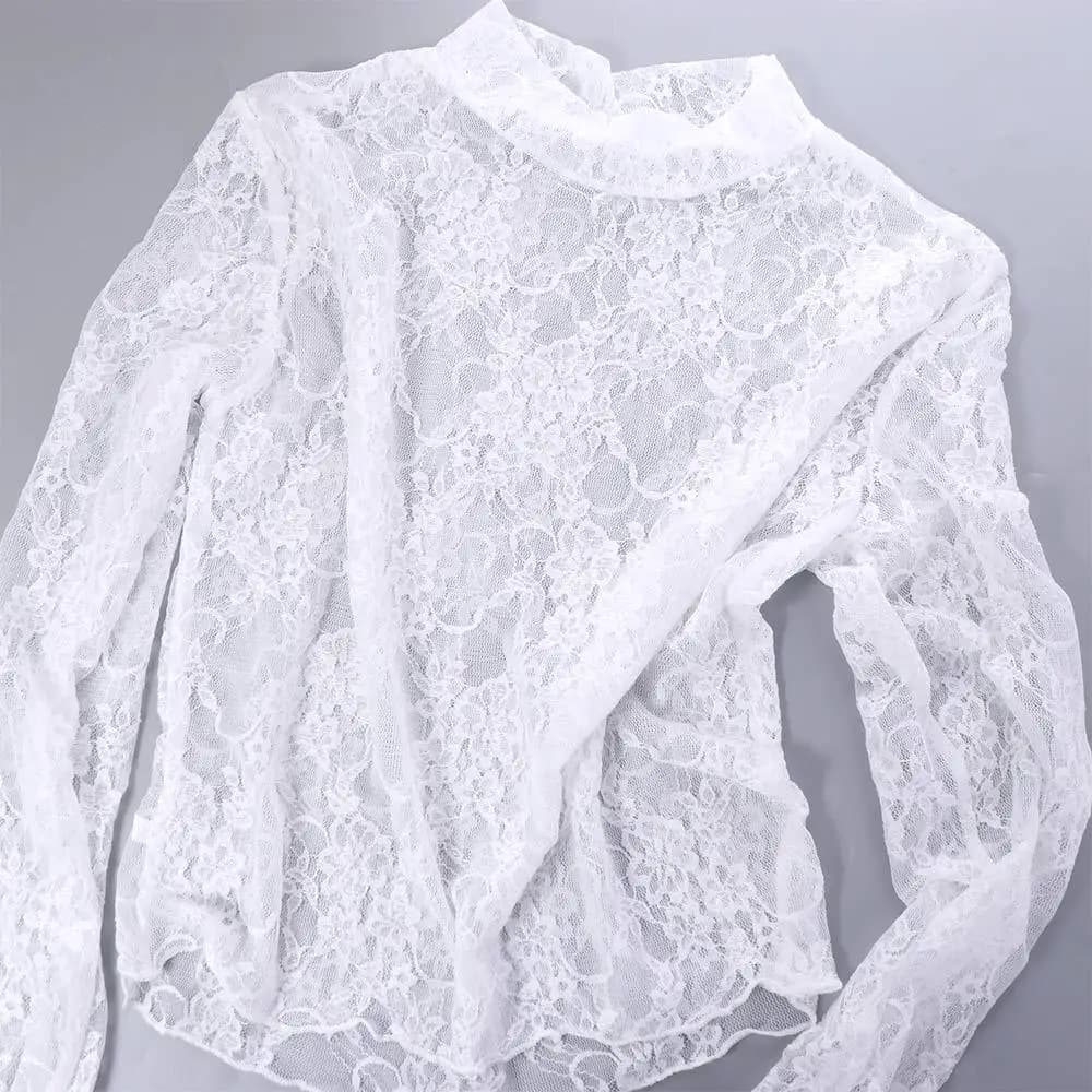 Sweet Floral Lace Bottomed Blouse Embroidery Hollow Long Sleeve Mesh Top Half High Collar Sunscreen Beach