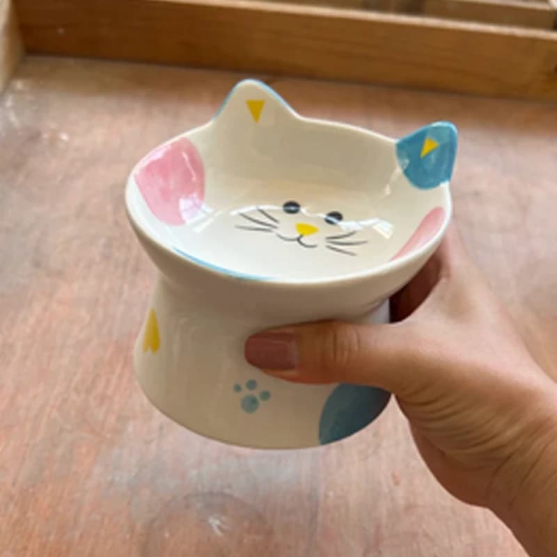 Ceramic High Feet Drinking Water Food Cat Bowl, Anti Overturning Oblique Mouth Neck Protection Creative Lovely Pet Articles, 1Pc