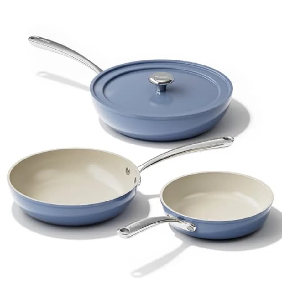 Set of 4 Non-stick Ceramic Tiles with Cover, 8\", 9.5\", 11\", Profond Tiles for Frying, Suitable for All Shapes