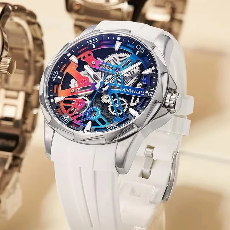 Brand Mark Fairwhale Sports orologio automatico per uomo moda acciaio inossidabile quadrante arcobaleno orologio da polso meccanico uomo spedizione gratuita