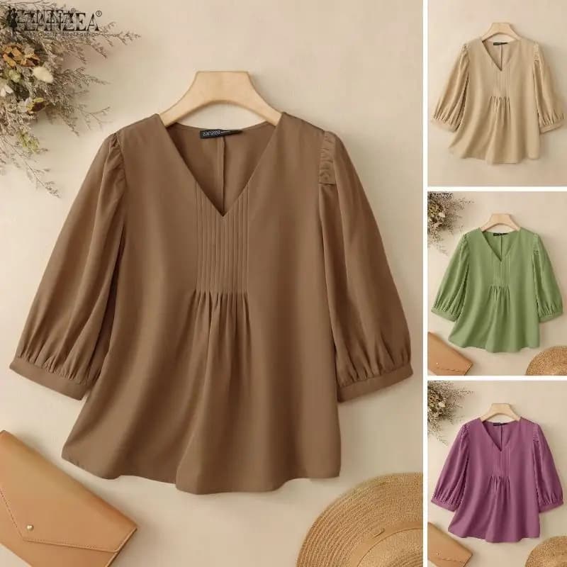 ZANZEA Summer Elegant 3/4 Lantern Sleeve Work Blouse Stylish Woman V Neck Tops Elegant Solid Color Pleated Shirt Mujer Femme