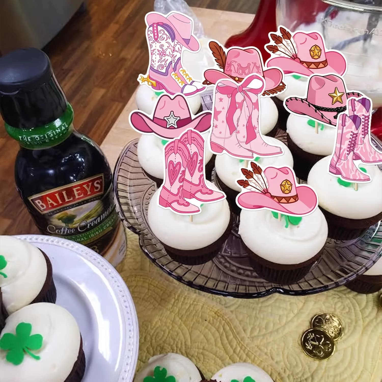 8pcs Cowboy Girl Cupcake Decorations Sparkling Hats Boots Cupcake Plaques Western Cowboy Birthday Cake Decorations