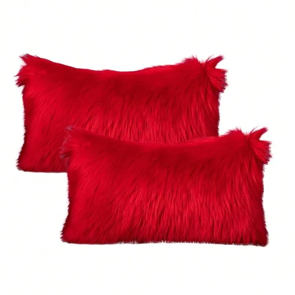 Set di 2 Copricuscini Decorativi Rossi in Finta Pelliccia, Serie Lusso, Morbidi e Rettangolari
