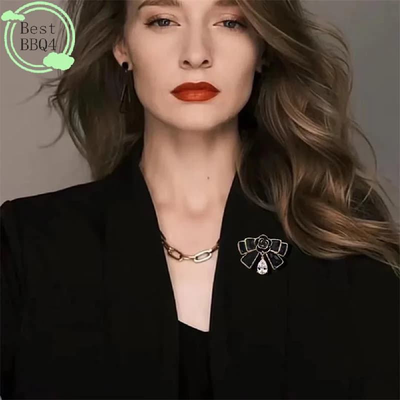 (BBQ4)Camellia Bow Brooch Black Oil-drip Metal Mourning Corsage Pin French Elegant Bag Clothes Scarf Accessory Suit Pin Button