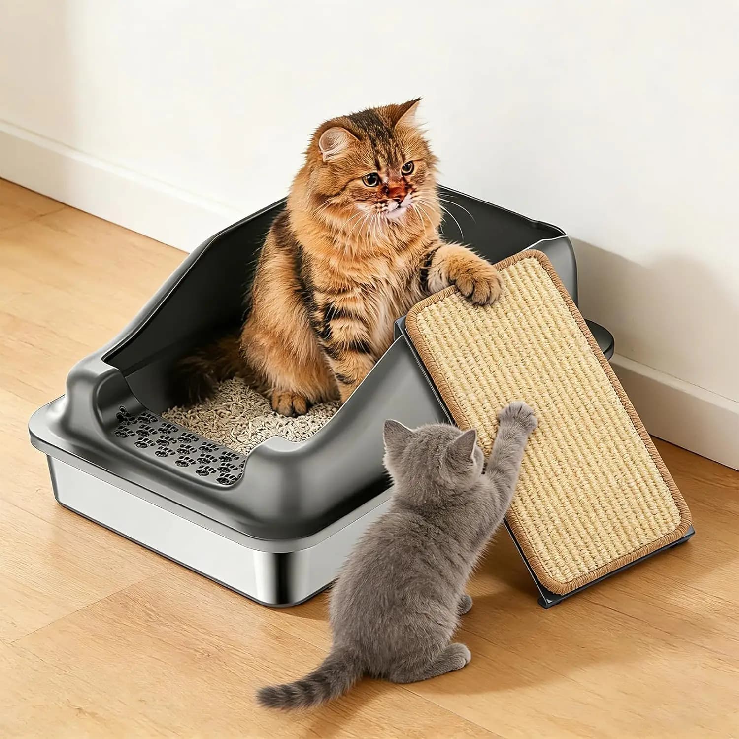 Lettiera per Gatti in Acciaio Inossidabile con Tappetino Tiragraffi in Sisal Naturale, Antiaderente, Anti-perdita, Facile da Pulire