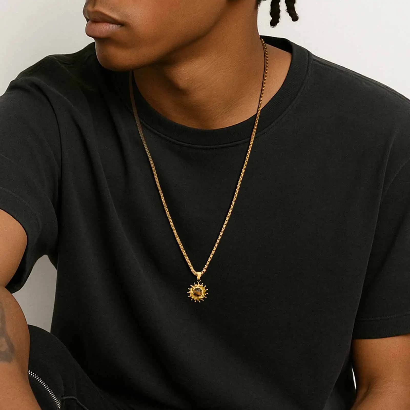 Vnox 60cm Box Chain Sunflower Pendant Necklace, Tigers Eye Stone Sliver Gold Plated Lobster Clasp Jewelry Gift for Men Women New