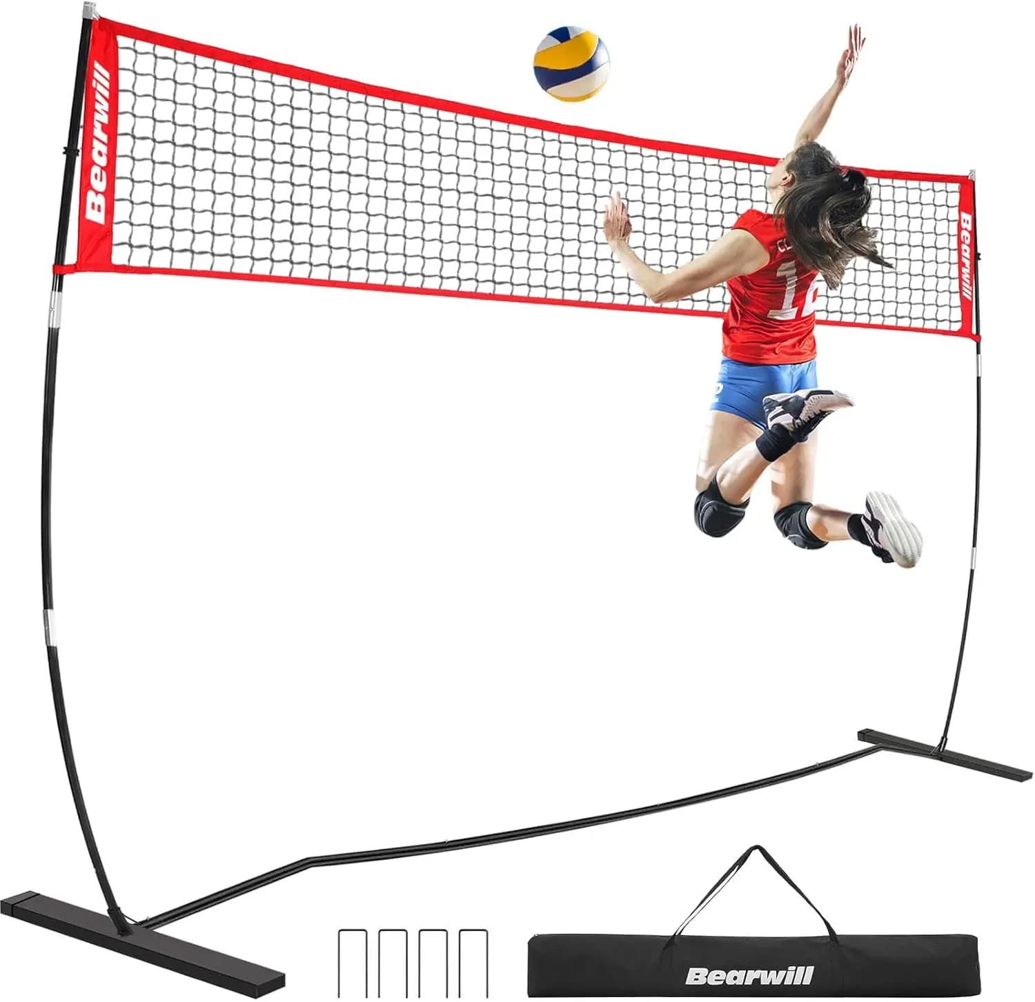 12-foot portable volleyball net, self-adjustable height set with carrying bag for indoor and outdoor exercises