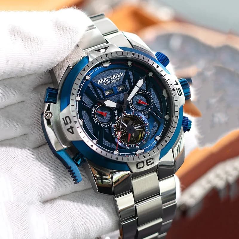 Men's Automatic Mechanical Watch Stainless Steel Case 10ATM Waterproof Moon Phase Display Luminous 51.3mm Diameter Wristwatch