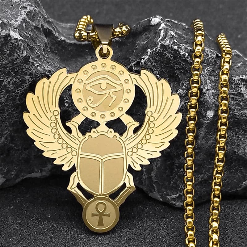 Egyptian Scarab Eye of Ra Horus Symbol Necklaces Stainless Steel Gold Color Ankh Key Of Life Necklace Jewelry Collares N2336S01