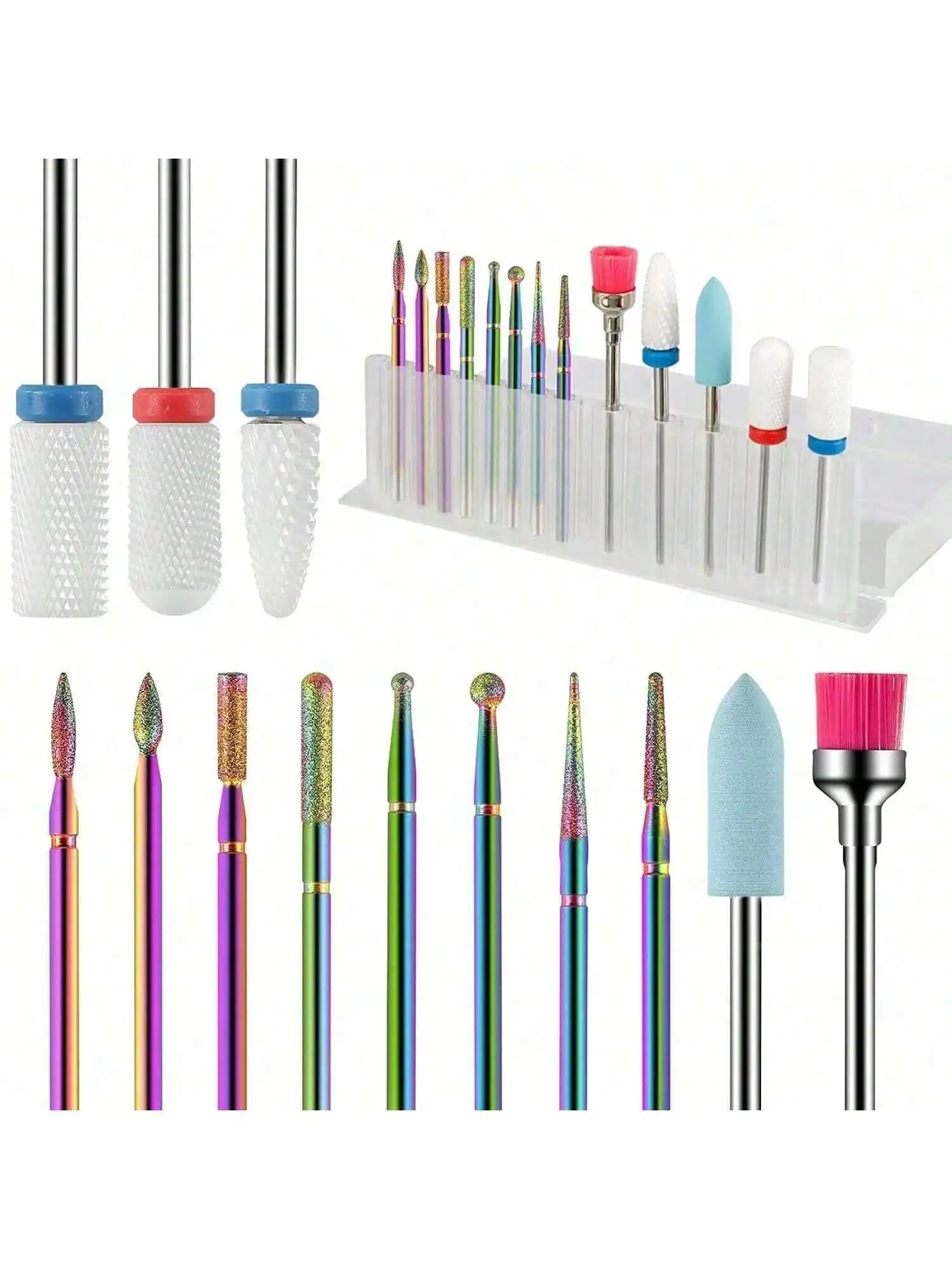 Set di punte per trapano per unghie diamantate in ceramica da 13 pezzi - Dispositivo per rimozione cuticole in carburo per manicure acrilica e gel, strumenti per pedicure per il salone di casa