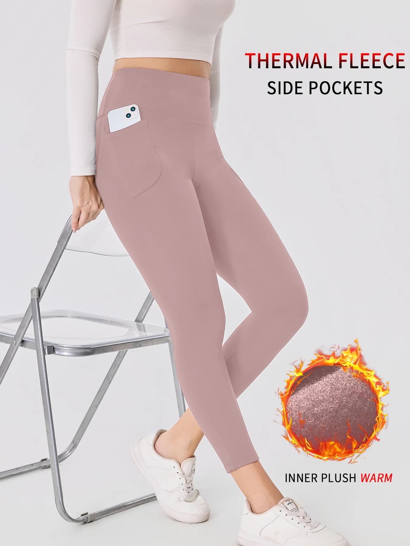 Leggings invernali da donna foderati in pile con tasche - Collant caldi spessi per il controllo della pancia termica a vita alta per l'allenamento e la corsa