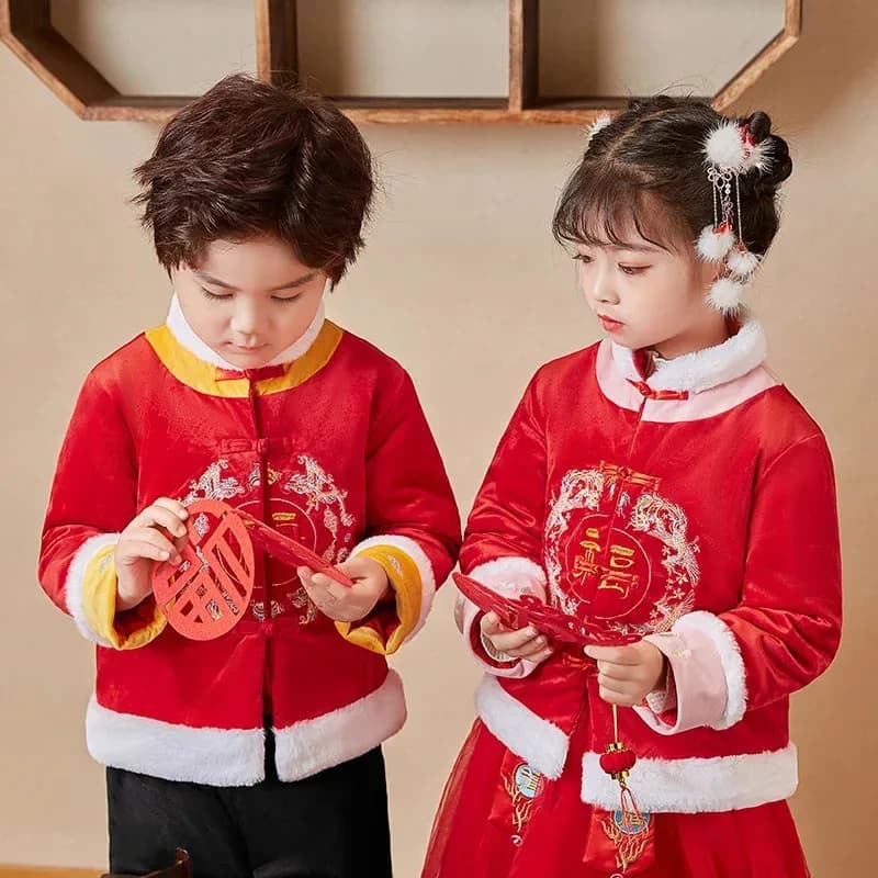 Abbigliamento tradizionale per bambini Ragazzi Ragazze Tang Suit Hanfu Capodanno cinese Vestito Cappotto di velluto Inverno 2 pezzi Rosa Rosso
