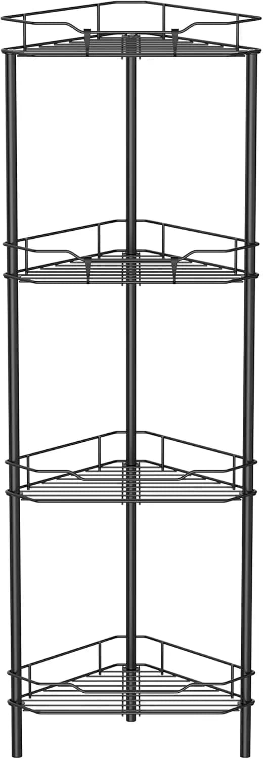 Corner shower shelf at 4 levels with hooks, black holder for bathroom