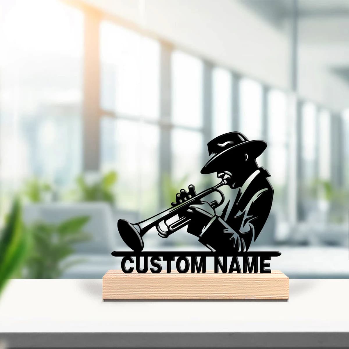Custom Trombettist Metal Statue with Wood Base, Table Decoration, Desk Sculpture for Interior and Exterior