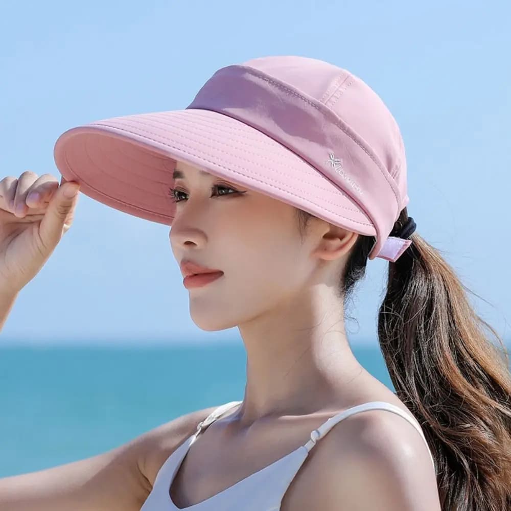 Cappello da sole estivo da donna staccabile protezione UV Casual berretto a coda di cavallo superiore vuoto a tesa larga berretto da spiaggia regolabile pieghevole