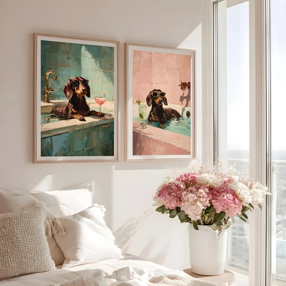 Set di 2 Stampe Divertenti per Bagno con Bassotto nella Vasca, Poster di Cani in Vasca, Arte per Bagno con Bassotto