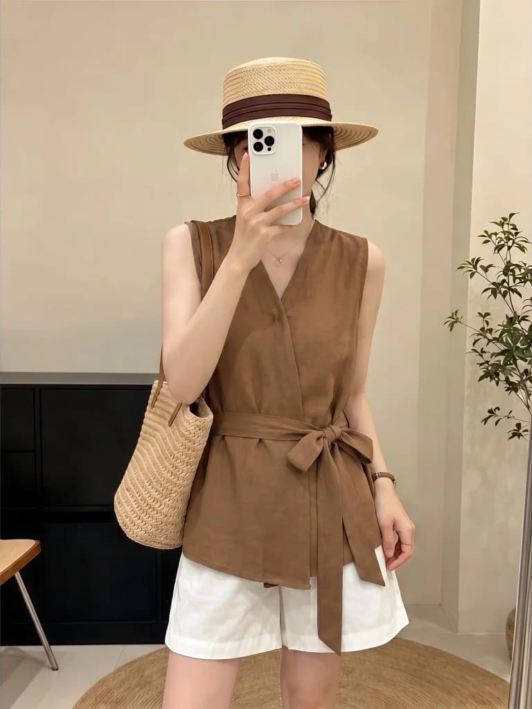 Elegant Coffee V-neck Vest Women's Summer New plus Size Loose Fit Sleeveless Top Waist Cinched Belted Outerwear