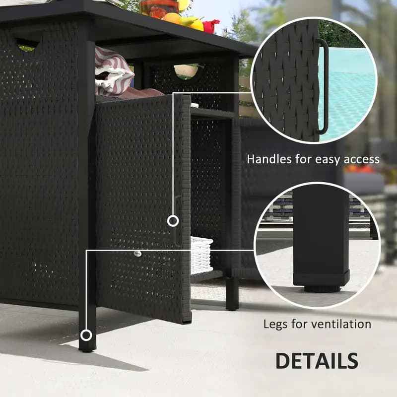 Outsunny Mobiletto Porta Asciugamani da Piscina per Esterni, Tavolo Bar da Esterno con Ripiano e Armadietto, Porta Asciugamani da Piscina con Rattan PE Resistente alle Intemperie e Struttura in Acciaio, Espresso