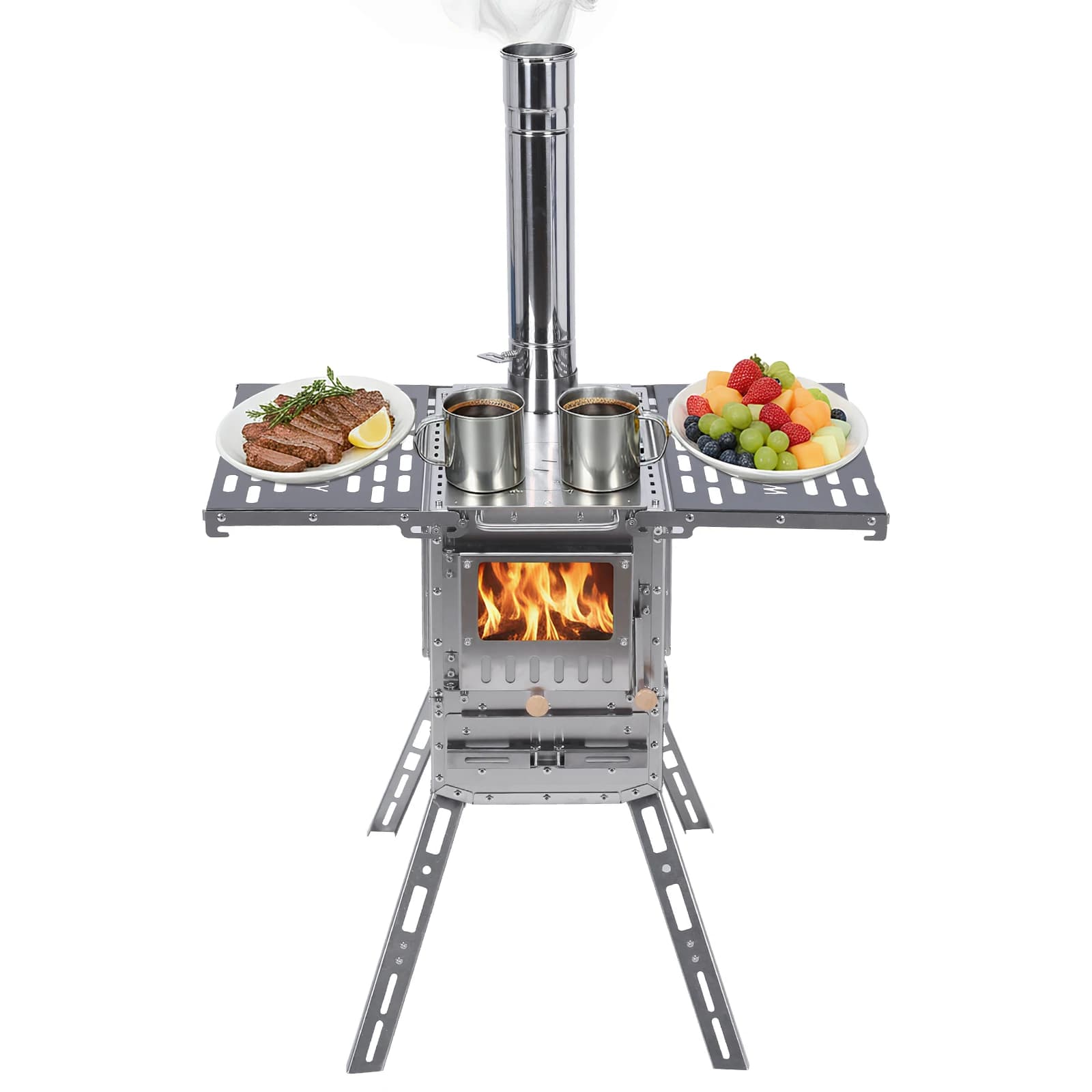 Stufe a Pellet Portatili con Forno e Tavolo da Campeggio con Tubo per Canna Fumaria, Stufa per Tenda in Acciaio Inox per Riscaldamento, Cucina e Caccia