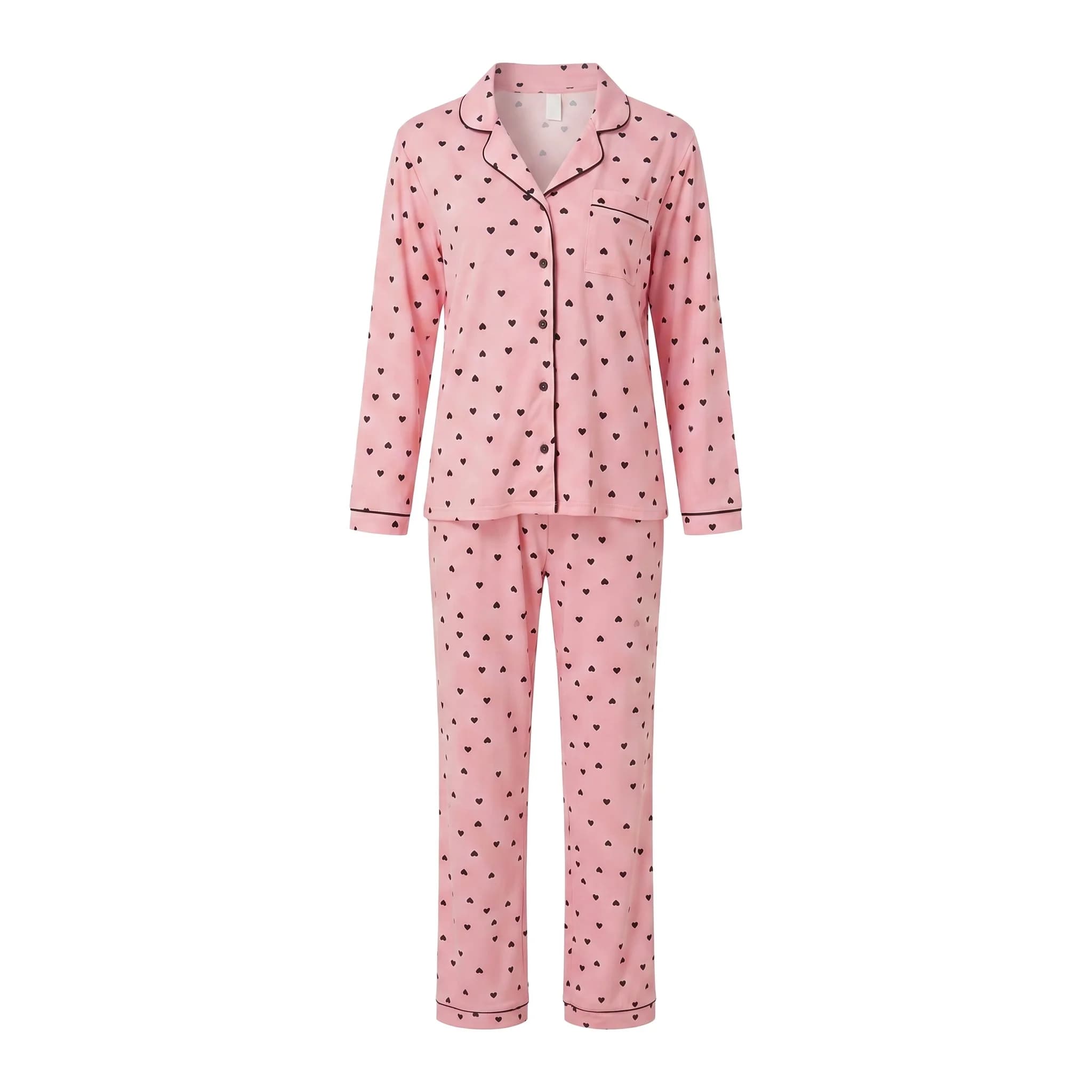Women's Heart Print Long Sleeve Pants Set Valentine's Day Sleepwear Comfortable Home Clothes Two-Piece Outfit