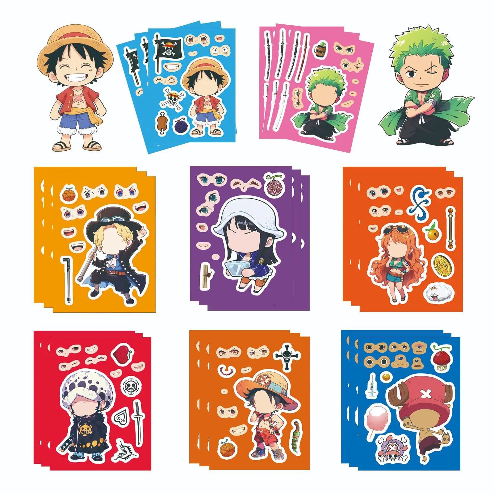 8/16 Fogli di Adesivi Puzzle Anime One Piece per Bambini, Decorazioni Fai-da-Te, Gioco di Assemblaggio Cartoon, Regalo