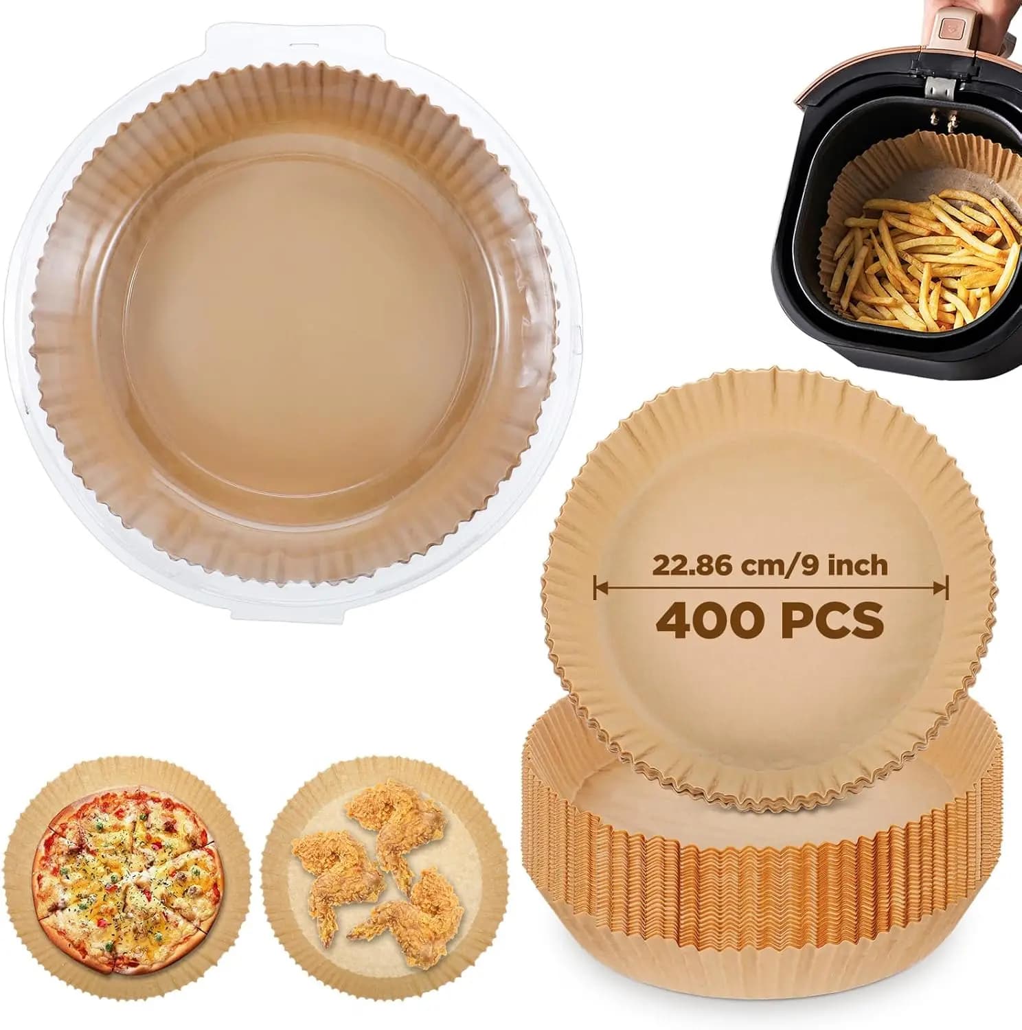 400 pezzi di rivestimenti per friggitrice ad aria da 9 pollici, carta da forno rotonda usa e getta antiaderente per alimenti, per friggitrici ad aria da 5-12 QT, microonde