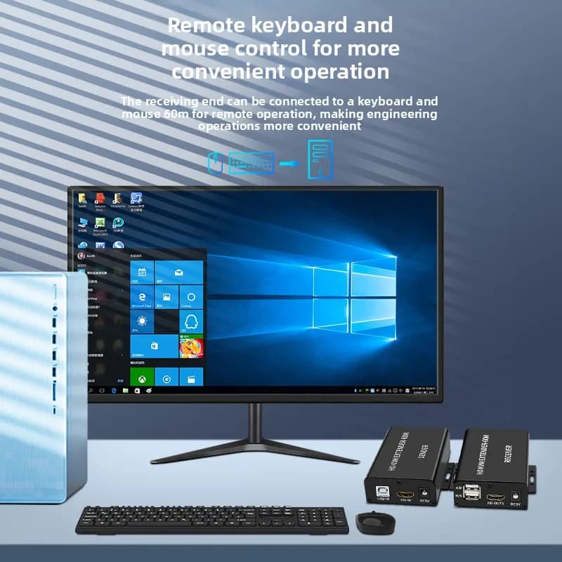 60M HD KVM Extender Over Cat6 Ethernet Cable Audio Video Transmitter and Receiver Support USB Keyboard Mouse One Power Adapter