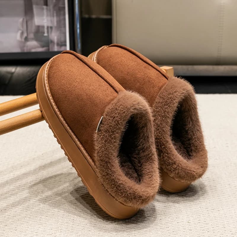 New soft winter men's slippers with thick sole for non-slip interior and heat at home with fur liner for couples