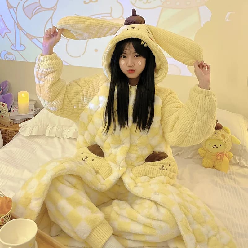 Kawaii Pompon Purins Camicia da notte trapuntata Anime Cartoon Kuromi Cinnamoroll Addensare caldo pigiama con cappuccio Set di vestiti da salotto carino
