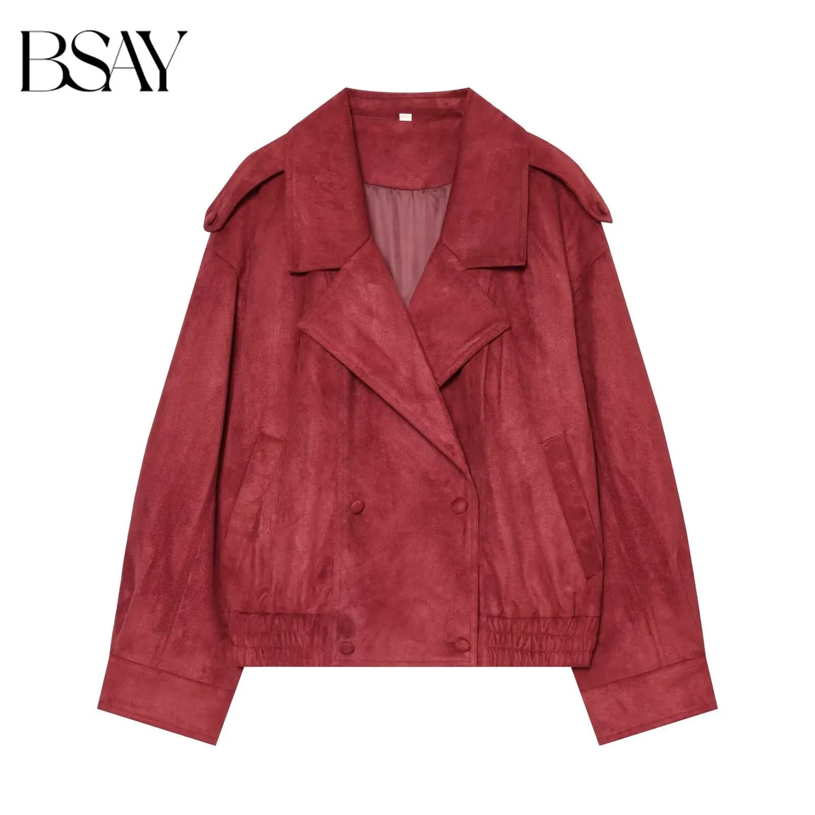 BSAY 2026 Women Fashion Vintage Lapel Double Breasted Loose Cropped Jacket, Elastic Hem Casual Streetwear Outerwear With Pockets