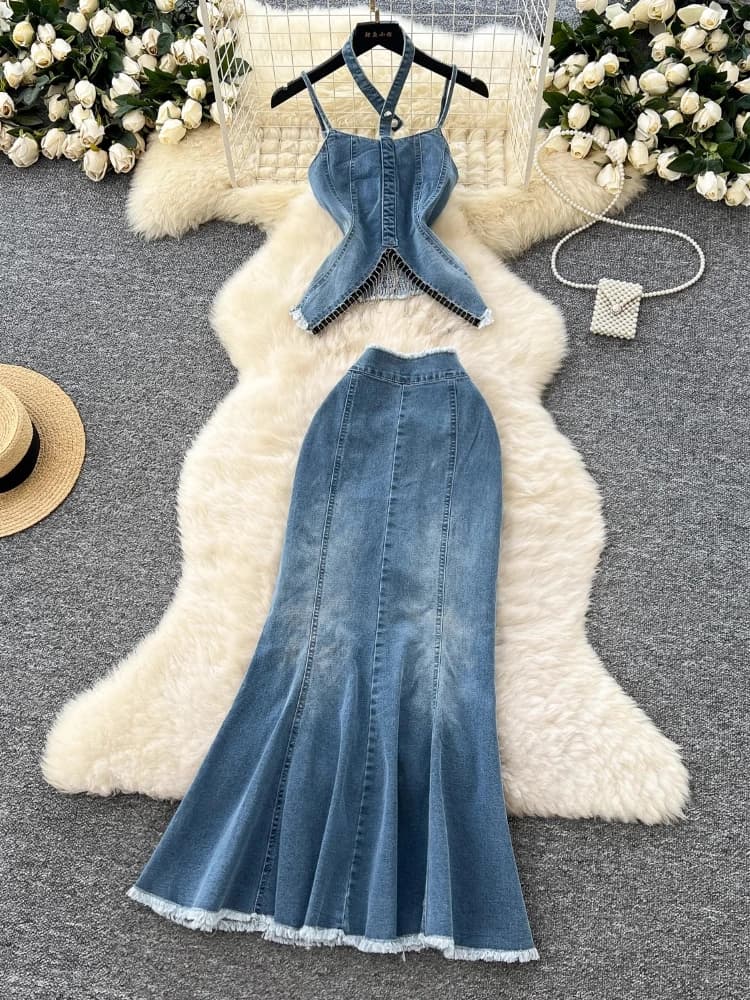 2025 New American Irregolare Sottile Set Nappe Sling Sirena Aderente A Vita Alta Mujer Sexy Denim Puro Desiderio Spice Girl Vestito Gonna