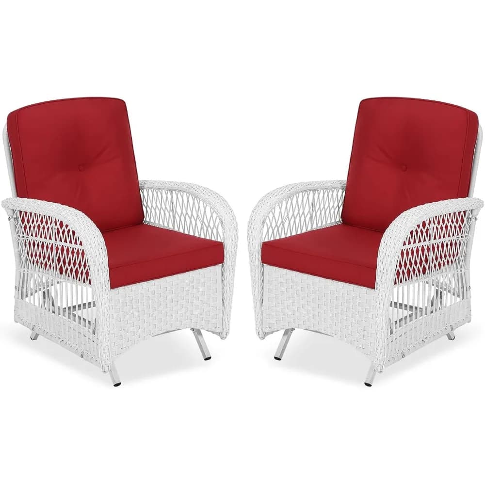 Sedia a dondolo con aliante in vimini bianco da esterno in 2 pezzi, sedie a aliante con altalena in rattan da patio con cuscini e struttura in acciaio, per tutte le stagioni