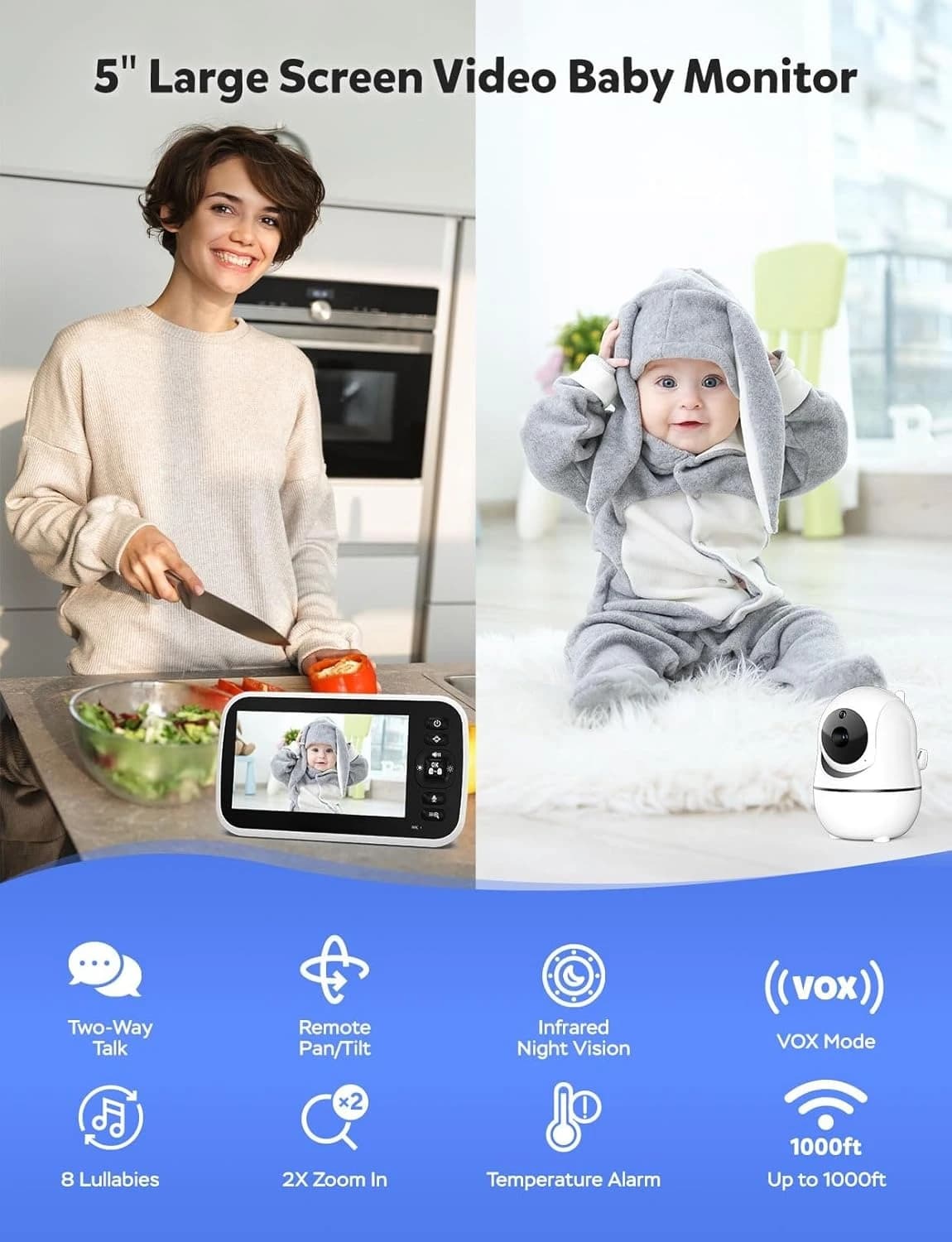 Baby monitor con fotocamera e audio: senza WiFi, telecomando Pan-Tilt-Zoom, visione notturna, sensore di temperatura, conversazione bidirezionale, 8 ninne nanne