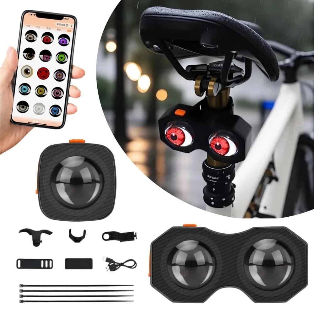 Luce Posteriore per Bicicletta Programmabile LED, Fanale Posteriore Intelligente a Occhi di Gatto, Luce di Stop per Moto, Lampada LED Dinamica a Occhi del Diavolo