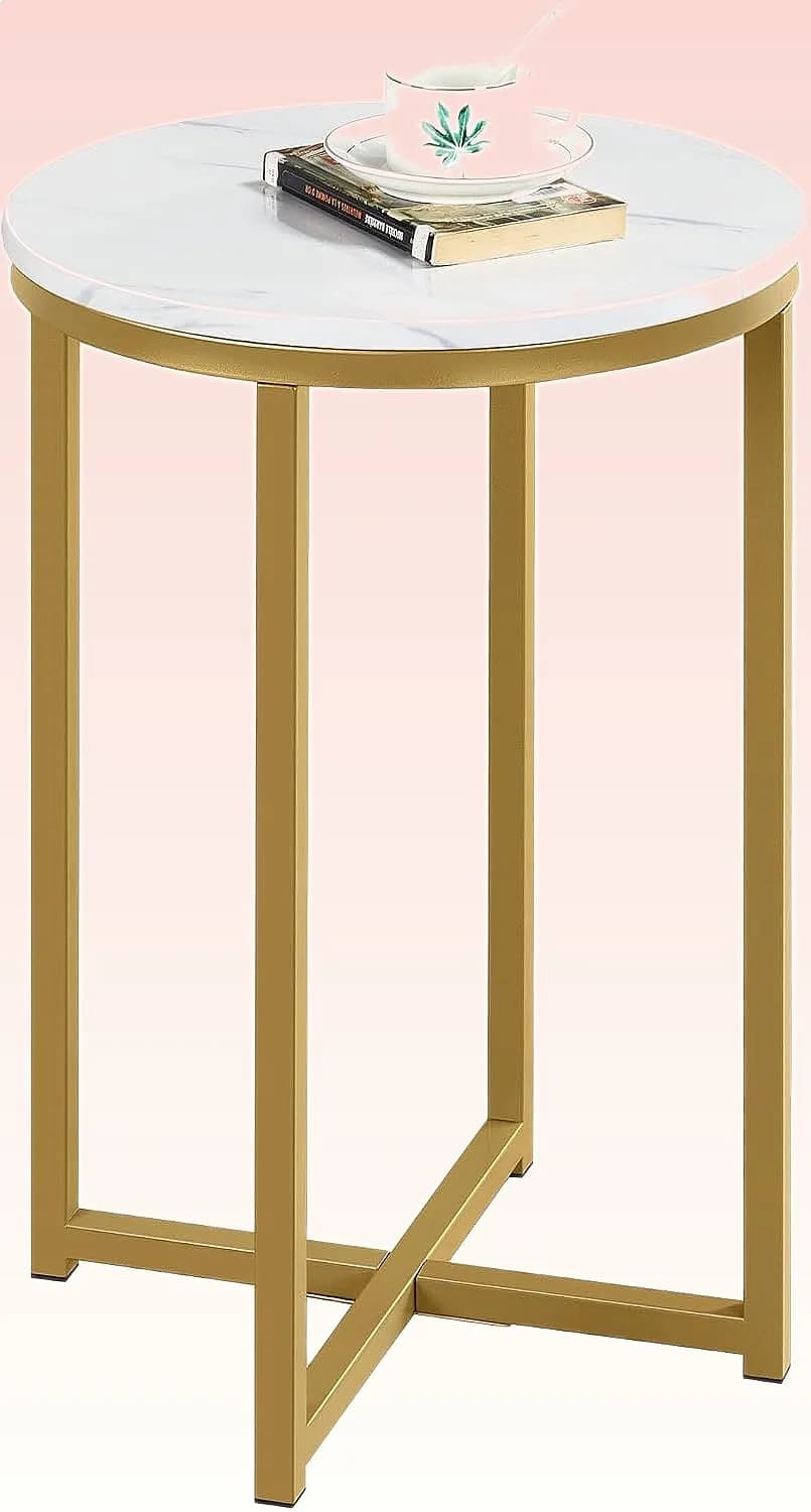 Faux Marble Side Table 16in Modern Accent Round Tabletop Sturdy Metal Legs Mustard Gold