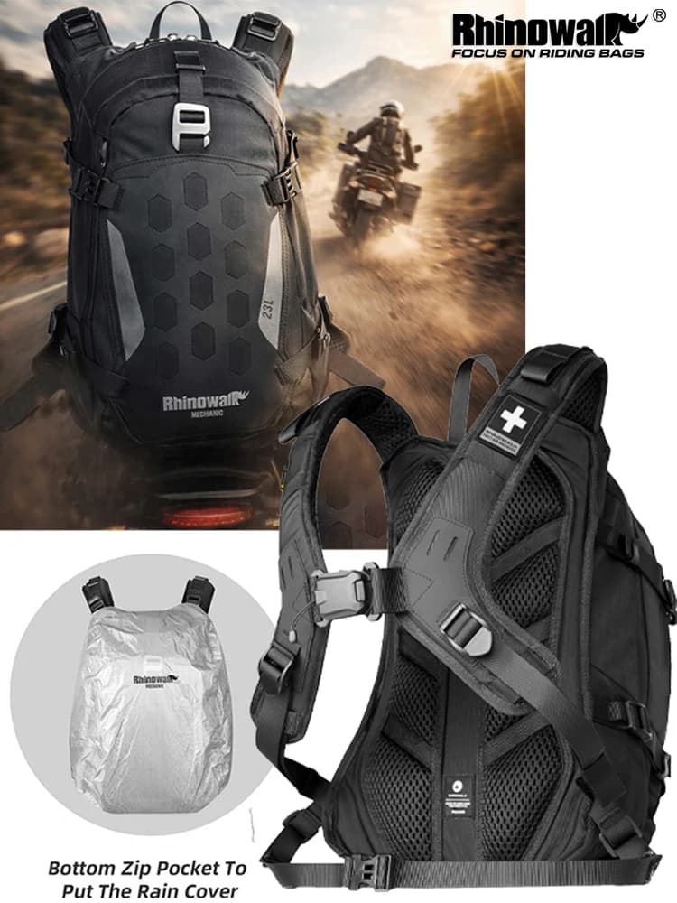 Rhinowalk Motorcycle Backpack 23L Quick Magnetic Relax Motorcycle Backpack with Rain Cover Breathable Backlit 2L Hydrating compartment Support Off-Road Travel Helmet