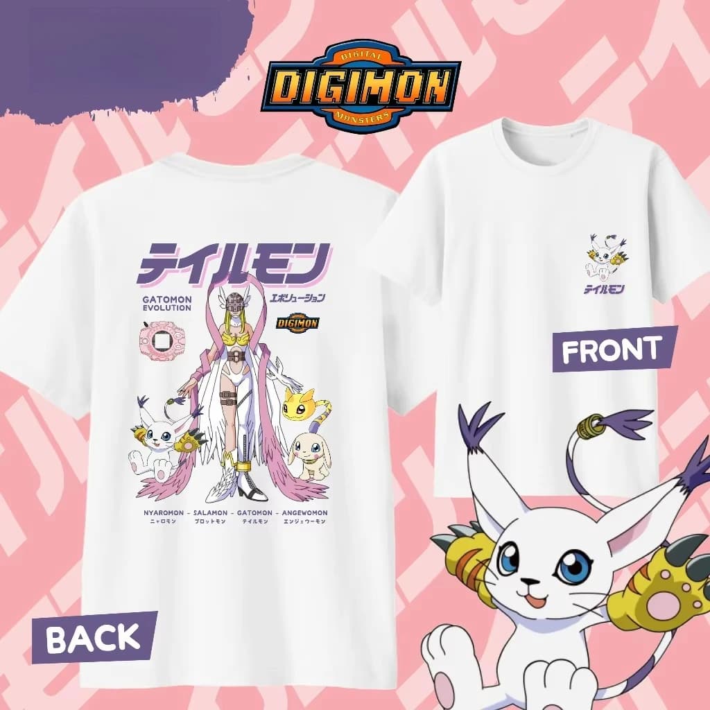 2026 summer Anime Digimon Oversized T-shirt, Tailmon Front Small Logo Back Collage Soft Cotton Tee Ideal Gift For Anime Fans