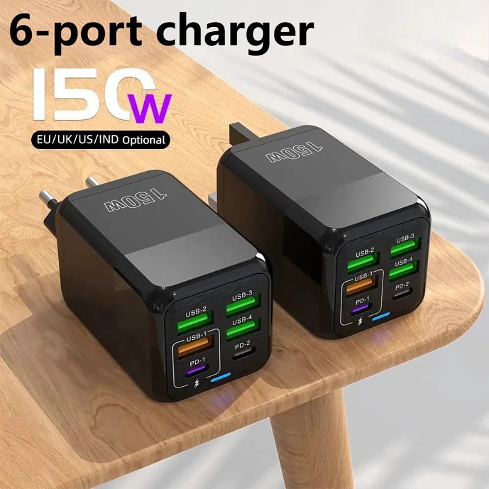 Caricatore USB a 6 Porte 150W, Adattatore da Muro per Ricarica Rapida PD, Spina EU/US/UK, Caricatore Quick Charge 3.0 Multi-Porta