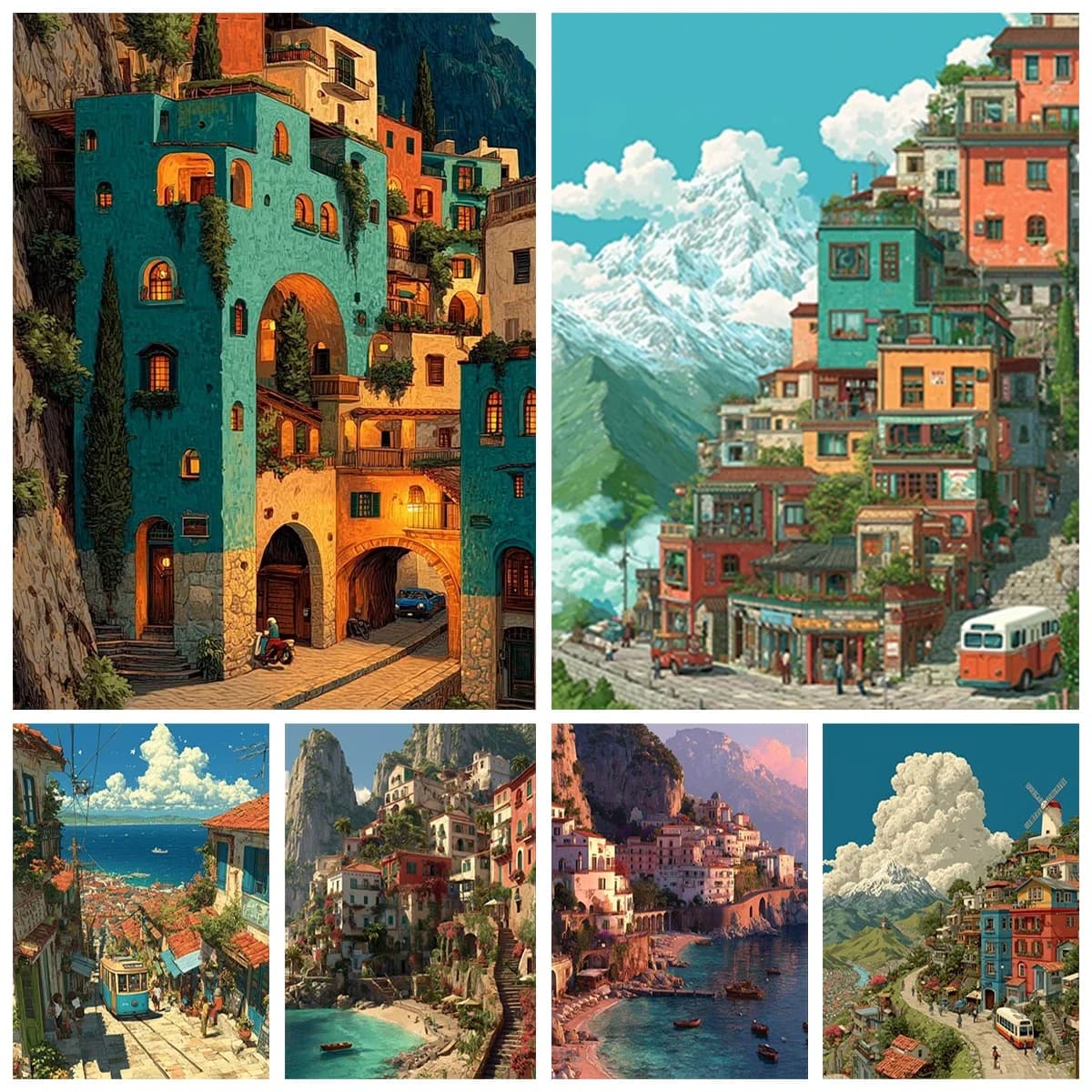 1pc frameless Fairy Tale Town Oil Painting Hand-painted Acrylic Paint Party Coloring Game Home Decoration Adult Crafts DIY Gift