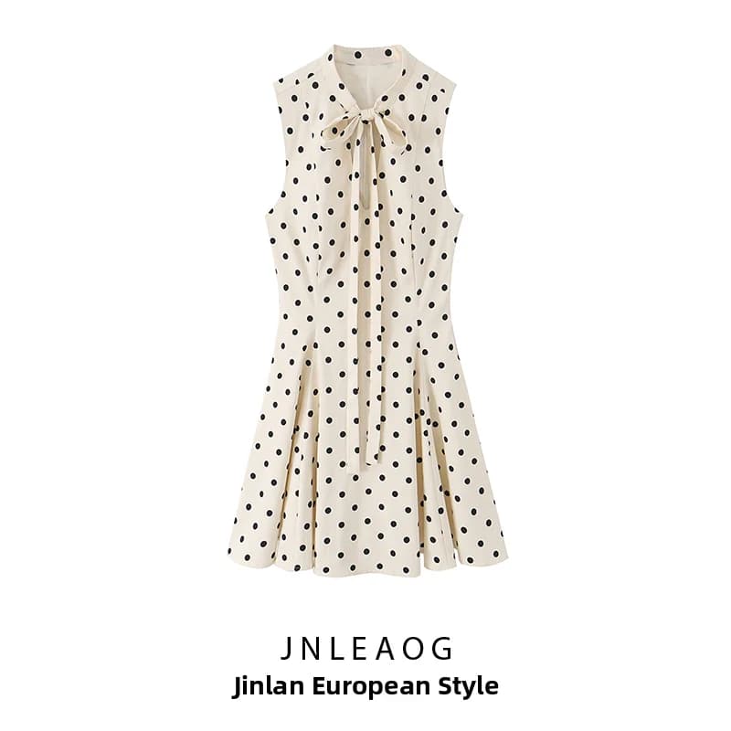 Fashionable Polka Dot Pleated Belted Dress JNLEAOG Summer New Arrival Women's Clothing Casual A-Line Skirt Polyester Fiber