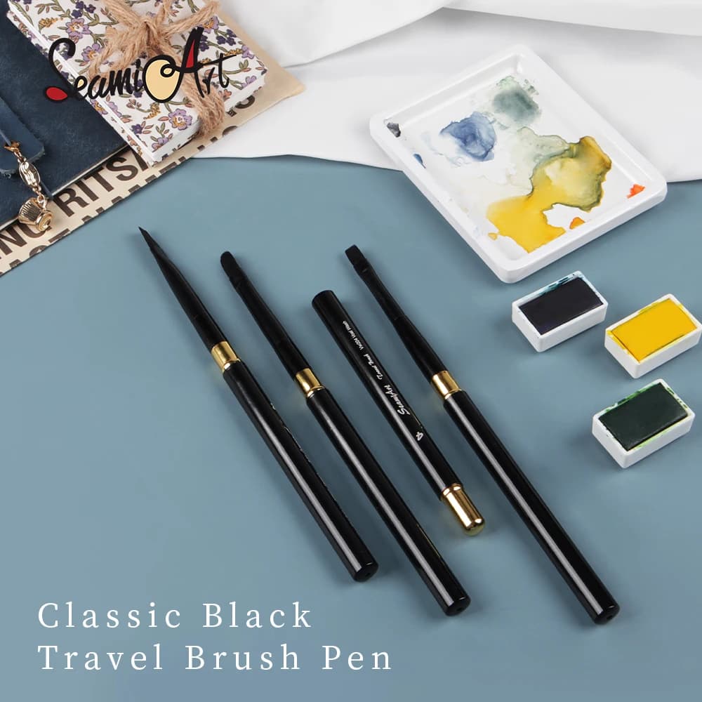 SeamiArt 1pc Pennello da viaggio classico portatile Pennello per capelli in nylon Manico corto Pennello per pittura per diario ad acquerello per materiali artistici